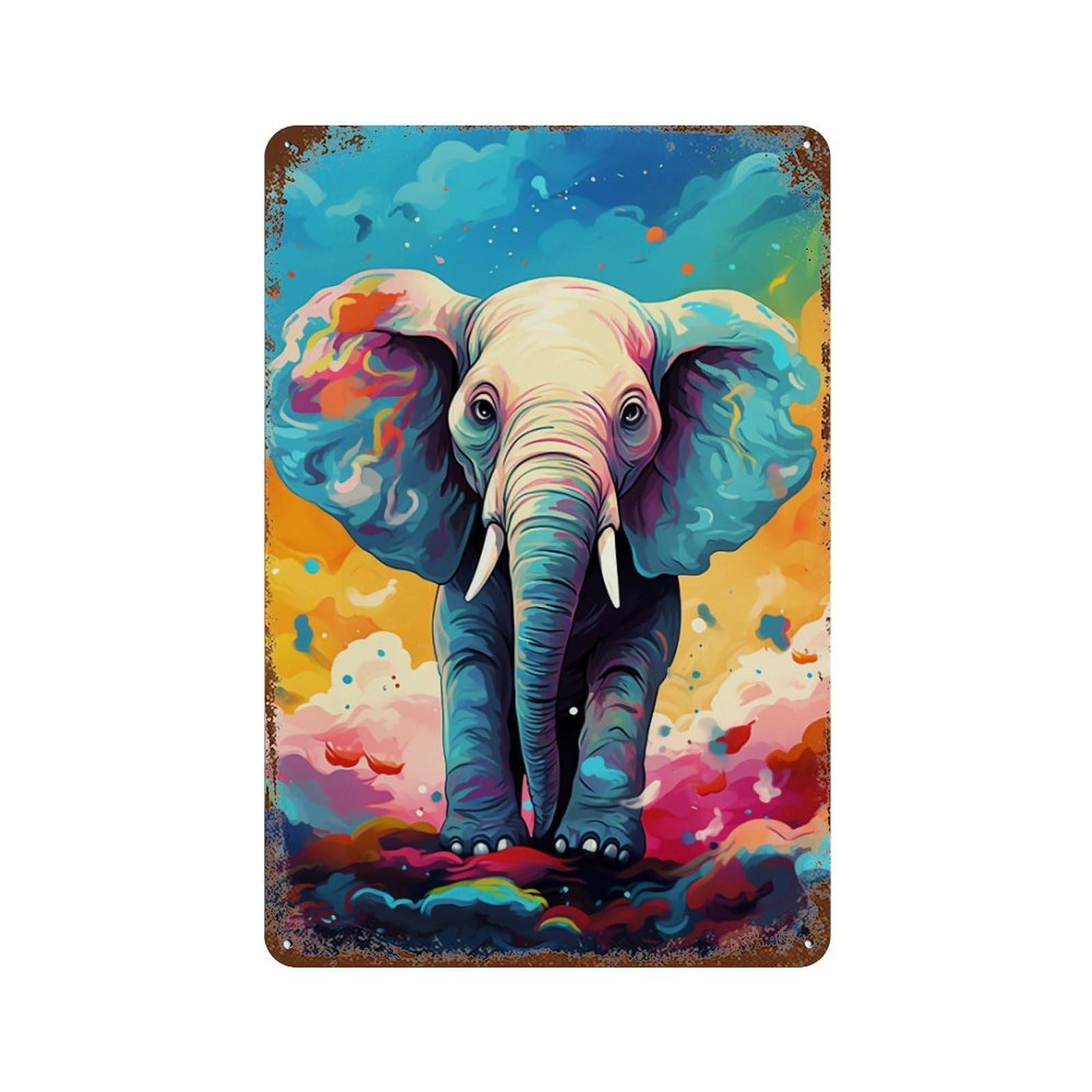 Colorful Elephant Painting Vintage Metal Tin Sign 11.8"x7.9", Ideal for Living Room, Hallway And Home Decor