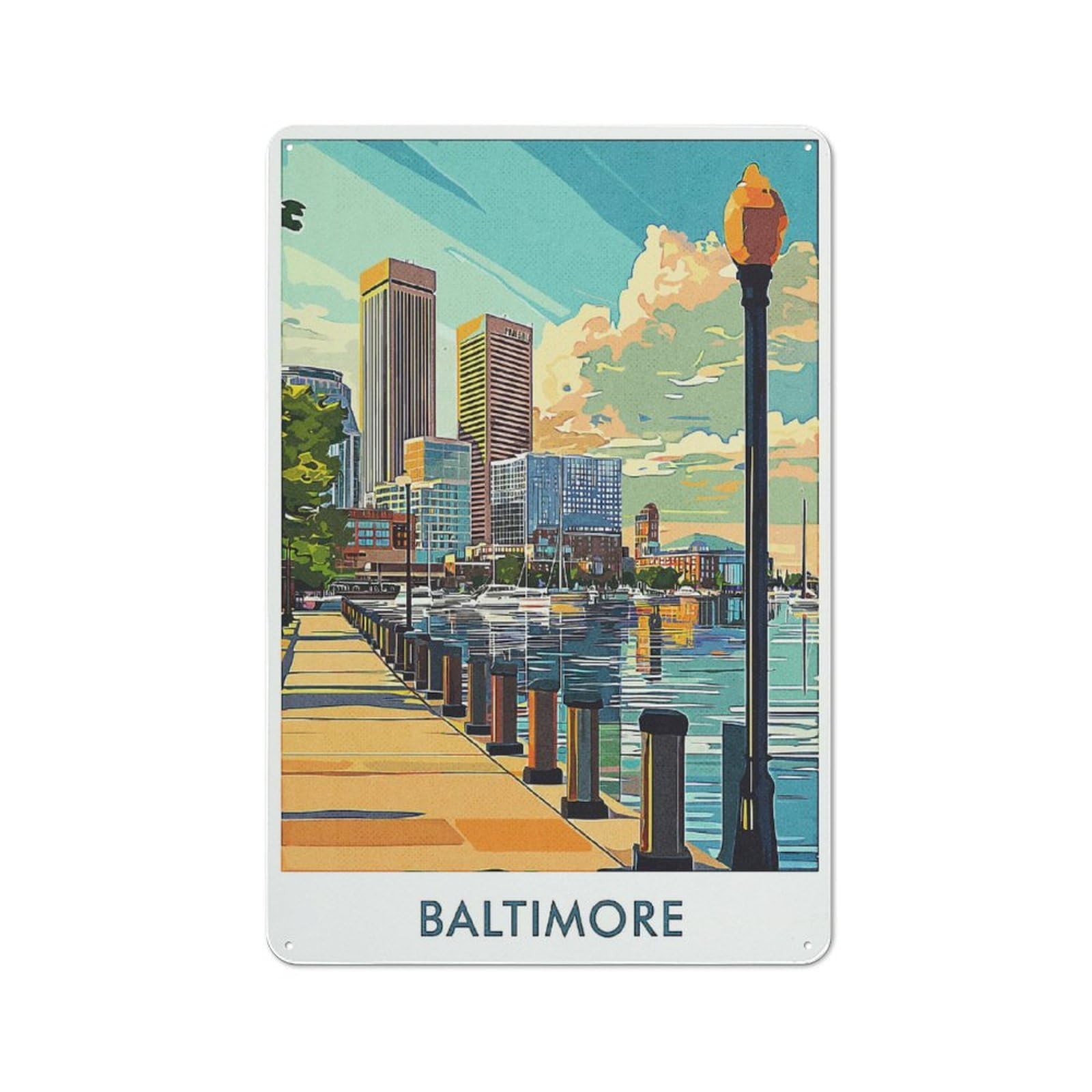 Retro Metal Wall Plaque 30x20cm Featuring Baltimore Cityscape, Room Wall Plaque for Hallway, Home Bar, Garage Or Study
