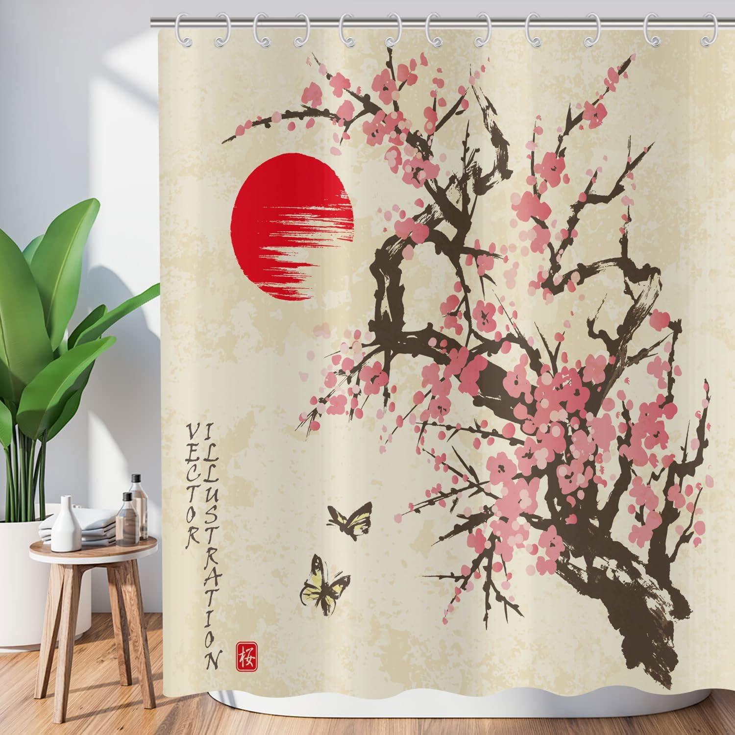 YEGRFJIS Japanese Ink Wash Shower Curtain Waterproof Washable, 260x200cm(WxL) Red Sun Cherry Blossom Butterfly Bath Curtain With Hooks, Asian Art Bathroom Decor, Moisture Proof Bathtub Curtain