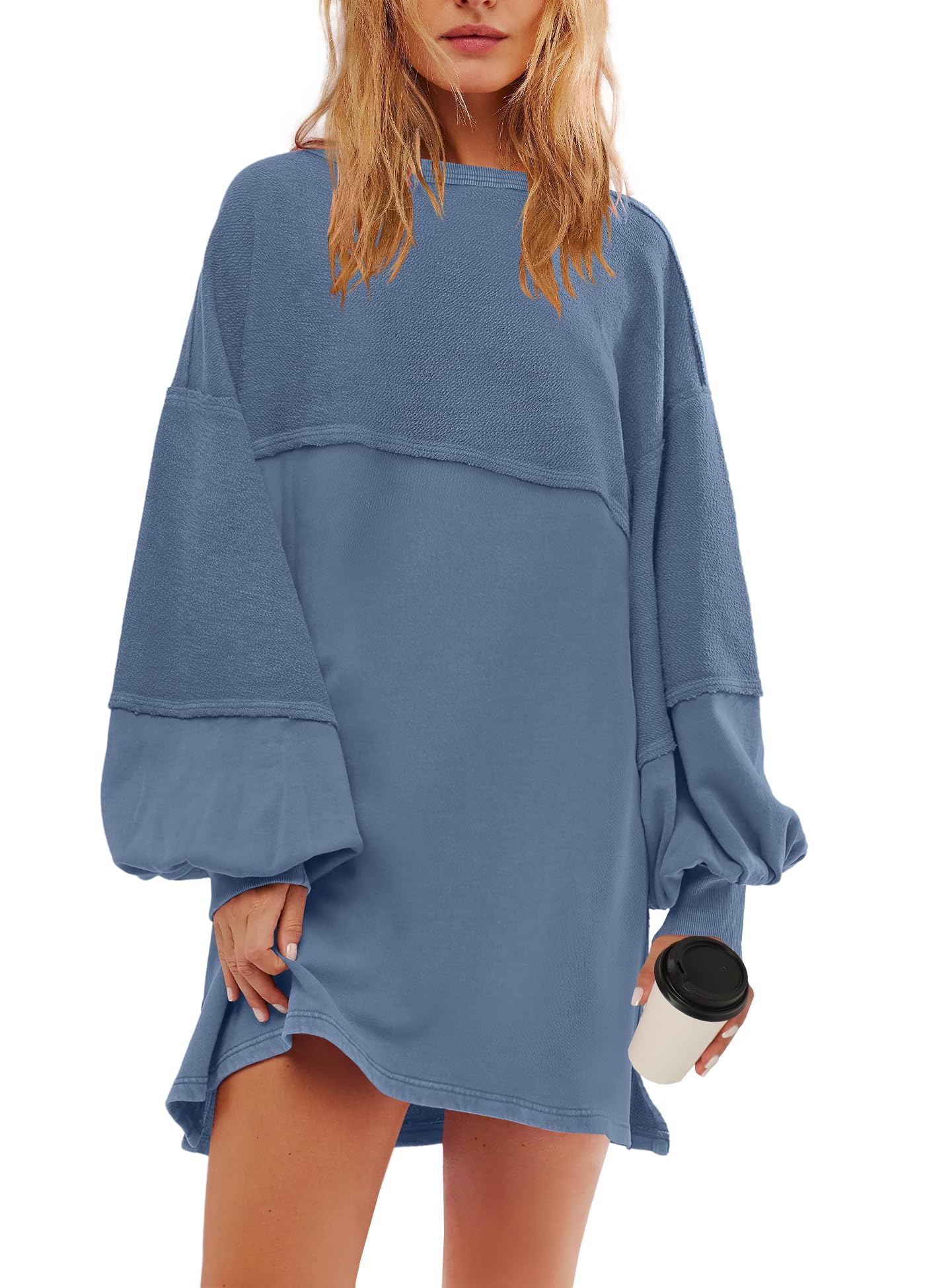 Panadila Womens Oversized Long Sleeve Patchwork Sweatshirt Dress Crewneck Tunic Sweatshirts Fall Loose Pullover Top