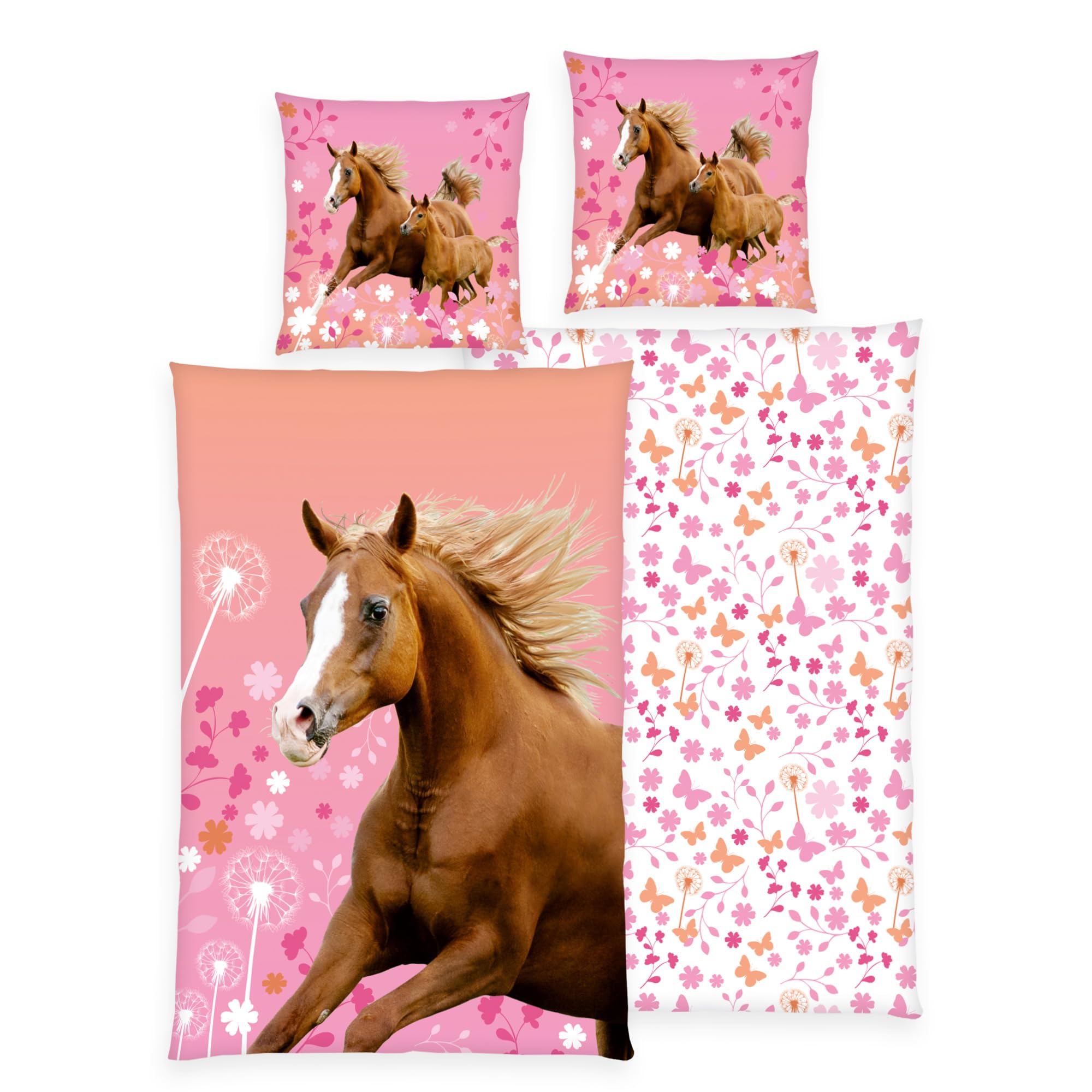 Pferd Bettwäsche Set 2-teilig 135x200 80x80 cm – Mädchenbettwäsche aus 100% Baumwolle mit Wendemotiv & Reißverschluss – Hautfreundlich & atmungsaktiv – Trocknergeeignet – Öko-TEX Zertifiziert