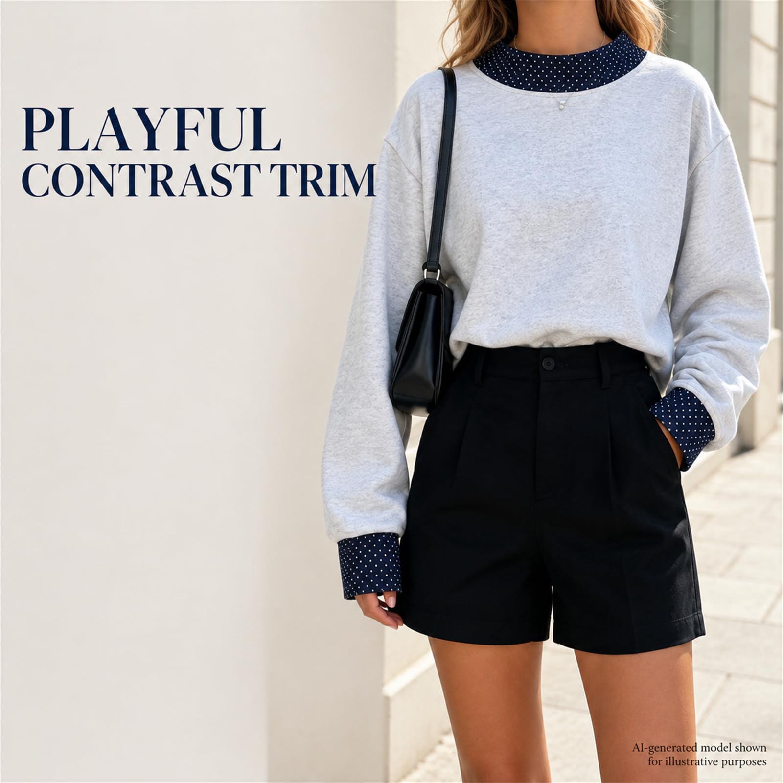 Sudadera de lunares de gran tamaño para mujer, suéter con borde de contraste