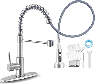 Herogo Kitchen Faucets with Pull Down Sprayer Brushed Nickel, Commercial Stainless Steel Single Handle Pull Out Spring Sink Faucets with Deck Plate for Farmhouse Laundry Utility Rv Wet Bar