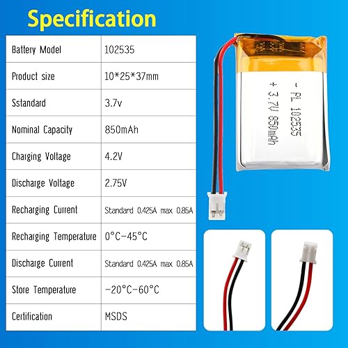 Miniatura 4 de 102535 3.7V Lipo Batería 850mAh 102535 Batería recargable de polímero de litio con conector JST PH2.0.000 in para dispositivo electrónico