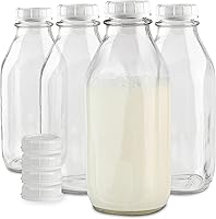 Vista 8 de Stock Your Home Botella de leche de vidrio de un litro con tapa (paquete de 1) jarras de 32 onzas y 3 tapas blancas, contenedor de leche