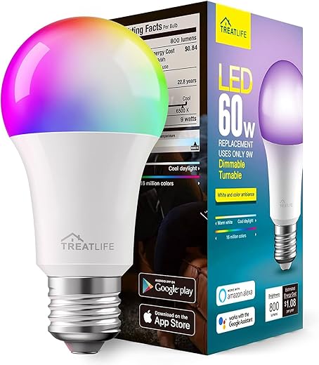 TREATLIFE Smart Light Bulbs 4 Pack, UL Certified 2.4GHz Color Changing Light Bulb, Works with Alexa Google Home, A19 E26 Dimmable LED Light Bulb 9W 800 Lumen for Party Decoration, Smart Home Lighting