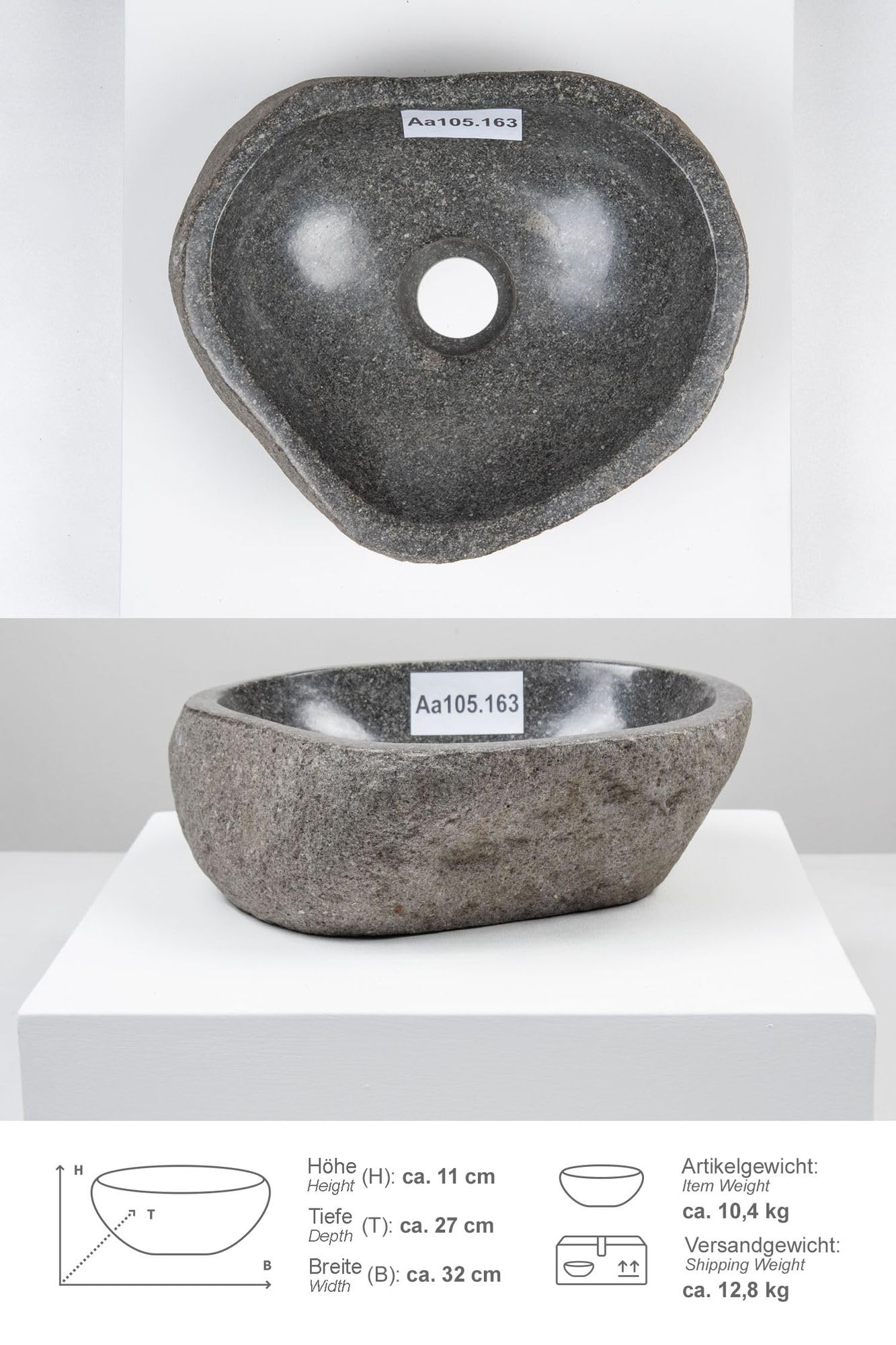 30 cm Naturstein-Waschbecken oval grau für Bad Gäste WC Steinwaschbecken Aufsatzwaschbecken aus Flussstein