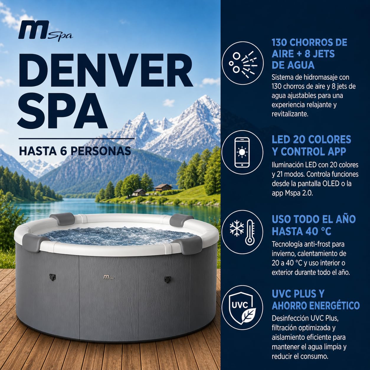 MSpa Denver SPA rígido Circular 4-6 Personas con Jets EcoPulse, Burbujas Air Jet, calefacción, LED, ozono y desinfección UVC+