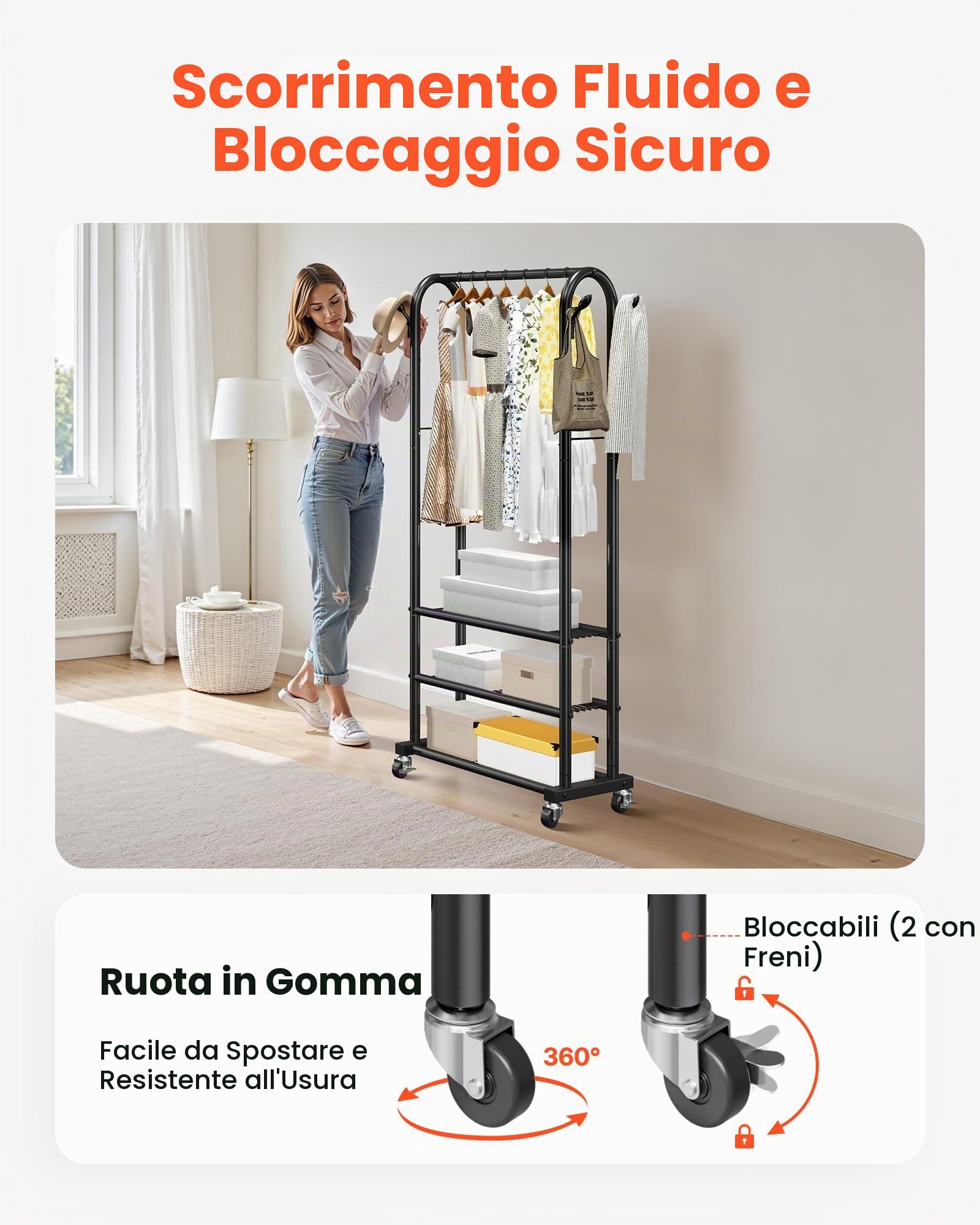 VEVOR Appendiabiti con Rotelle Barra Appendiabiti e 3 Ripiani Capacità di Carico Fino a 45 kg Robusto Appendiabiti in Acciaio al Carbonio per Camera da Letto, Lavanderia, Soggiorno, Nero