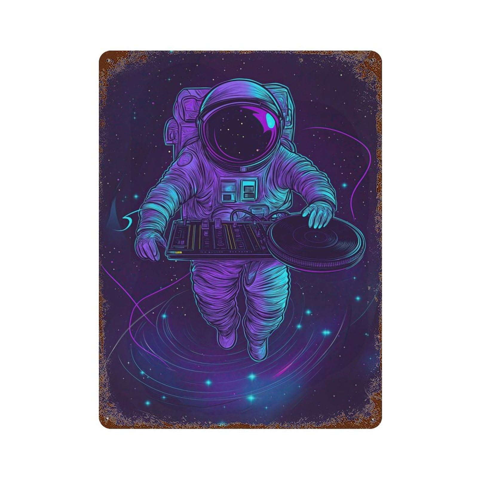 Rust Effect Astronaut DJ in Space Vintage Rust Metal Sign 15.7"x11.8", Classic Wall Plaque for Shed, Workshop And Garage Wall Decor