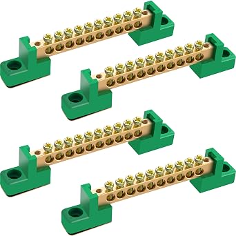 4 Pack 10 Position Grounding Bus Bar Terminal Block, Electrical Ground Bus Bar with Screws and Green Insulated Base for Distribution Box