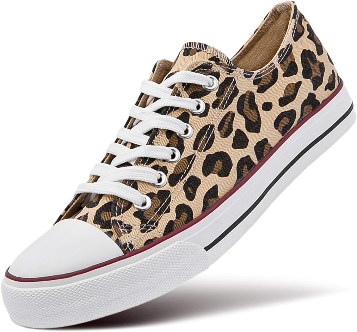 ZGR Women s Canvas Low Top Sneaker Lace-up Classic Casual Shoes Black and White (US11, Leopard)