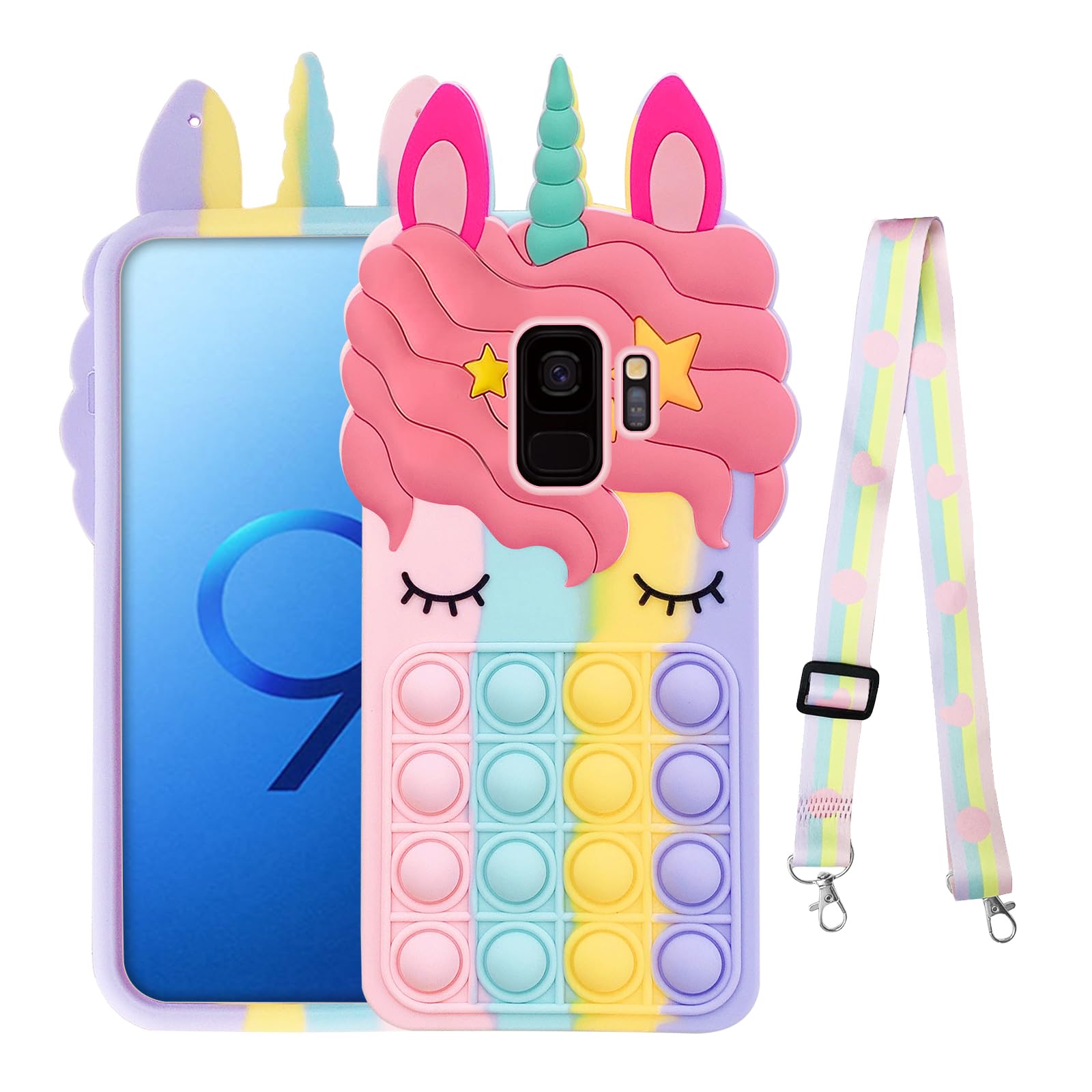 Annyojo for Samsung Galaxy S9 Case, Galaxy S9 Case Fidget Toys Protection Push Pop Bubble Fun Stress Relief Full Body Kawaii Rainbow Cute Shockproof Silicone with Lanyard for Samsung Galaxy S9 (2018)