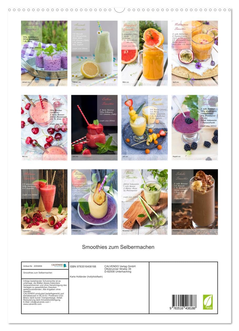Smoothies zum Selbermachen (hochwertiger Premium Wandkalender 2026 DIN A2 hoch), Kunstdruck in Hochglanz: Leckere Smoothies mit Rezept (CALVENDO Lifestyle)