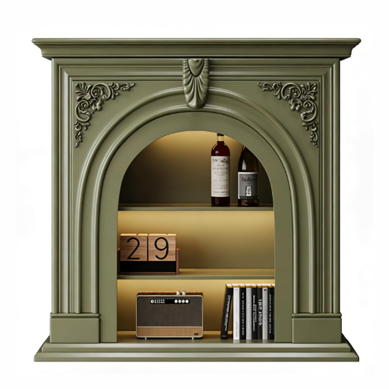 Freestanding Carved Solid Wood Fireplace Mantel with Open Storage Shelves Decorative Surround Decorative