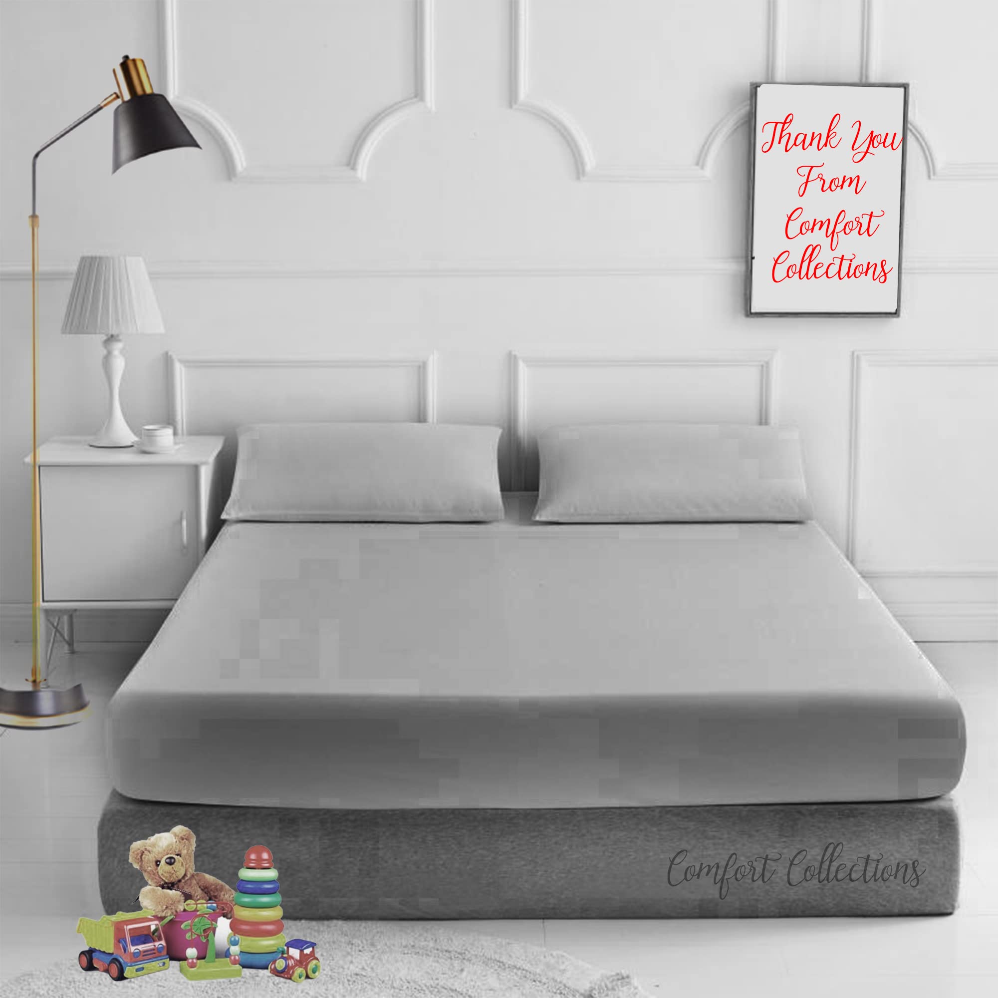 Comfort Collections Plain Dyed Easy Care Poly Cotton Flat and Fitted Sheet Set with Pillow Case Bedding Set (Silver, Superking)
