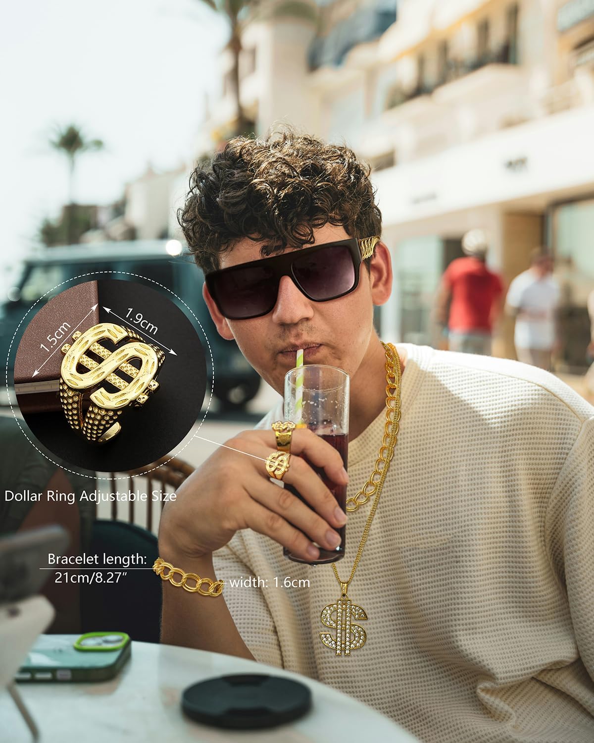 80s 90s Accessories Outfit for Men Hip Hop Costume Kit Old School Rapper Sunglasses Dollar Money Sign Pendant Necklace Rings Adjustable Big Gold Chain Necklace Bracelet Themed Party Outfits image 4