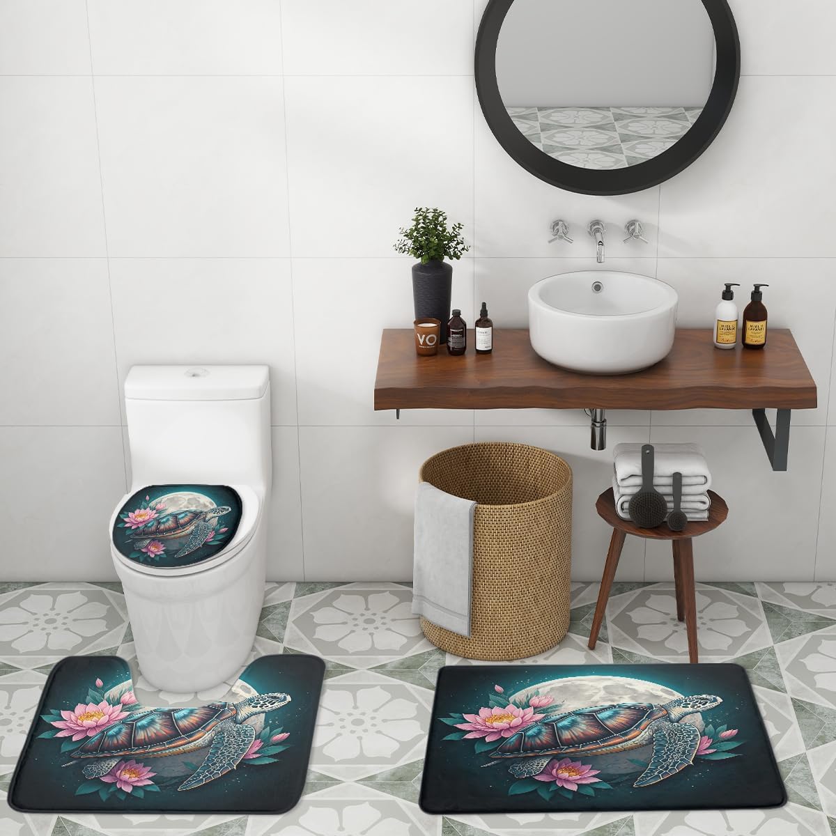 Watercolor Japanese Sea Turtle 4 Pcs Shower Curtain Sets,Rustic Underwater Animals Sea Turtles Full Moon Lotus Non-Slip Rugs,Toilet Lid Cover Bath Mat,Durable and Waterproof,for Bathroom