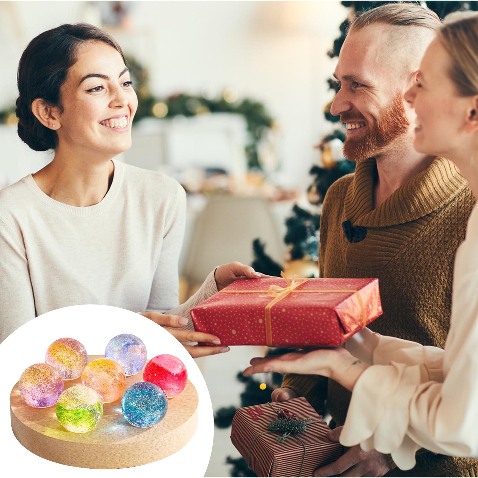 Piedras de cuarzo de cristal de 40 mm, esferas curativas naturales de 7 chakras con soporte de madera LED para meditación, energía positiva, luz nocturna, juego de bolas de decoración