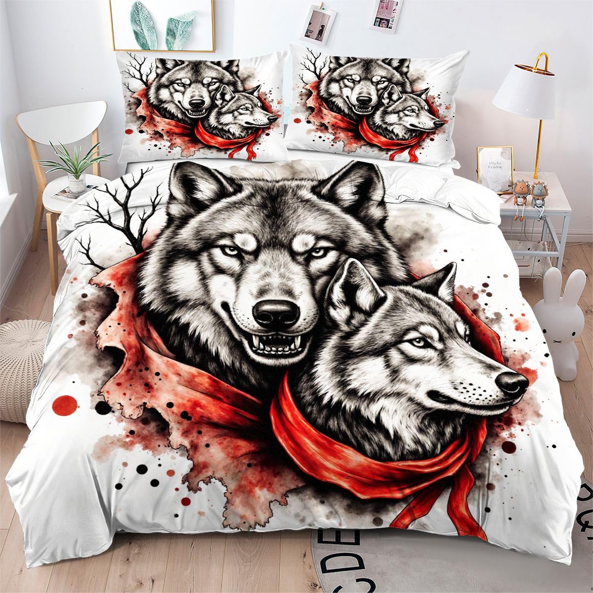 Housse de couette 220x240 loup gris fermeture éclair parure de lit