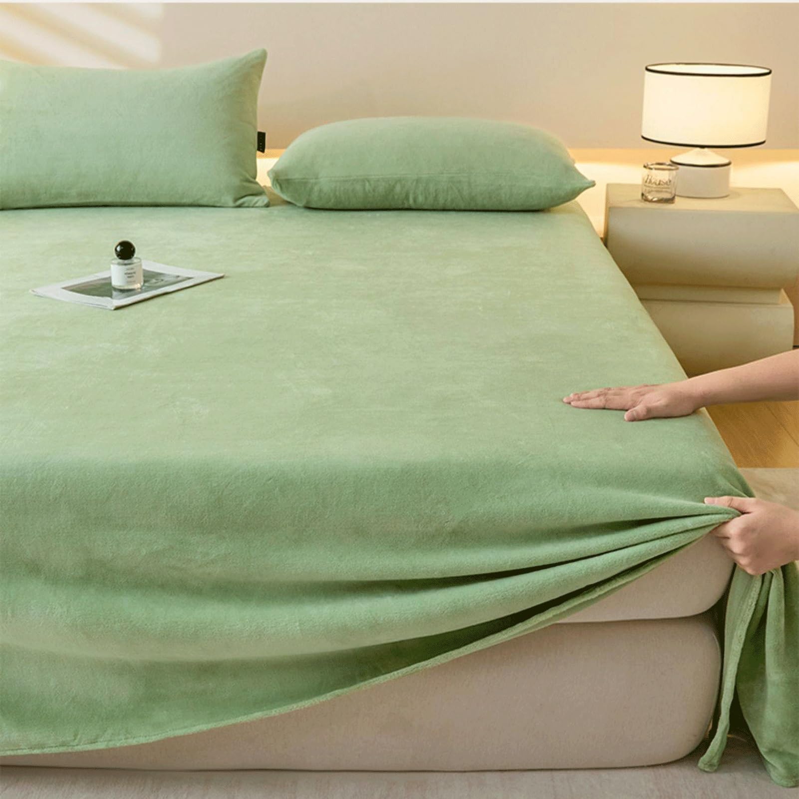 Winter Flanell Bettlaken 120x230cm bis 245x270cm Flauschige Warme Samt Betttuch Cashmere Touch Laken ohne Gummizug(Green A,245x250cm+48x74cm x2)