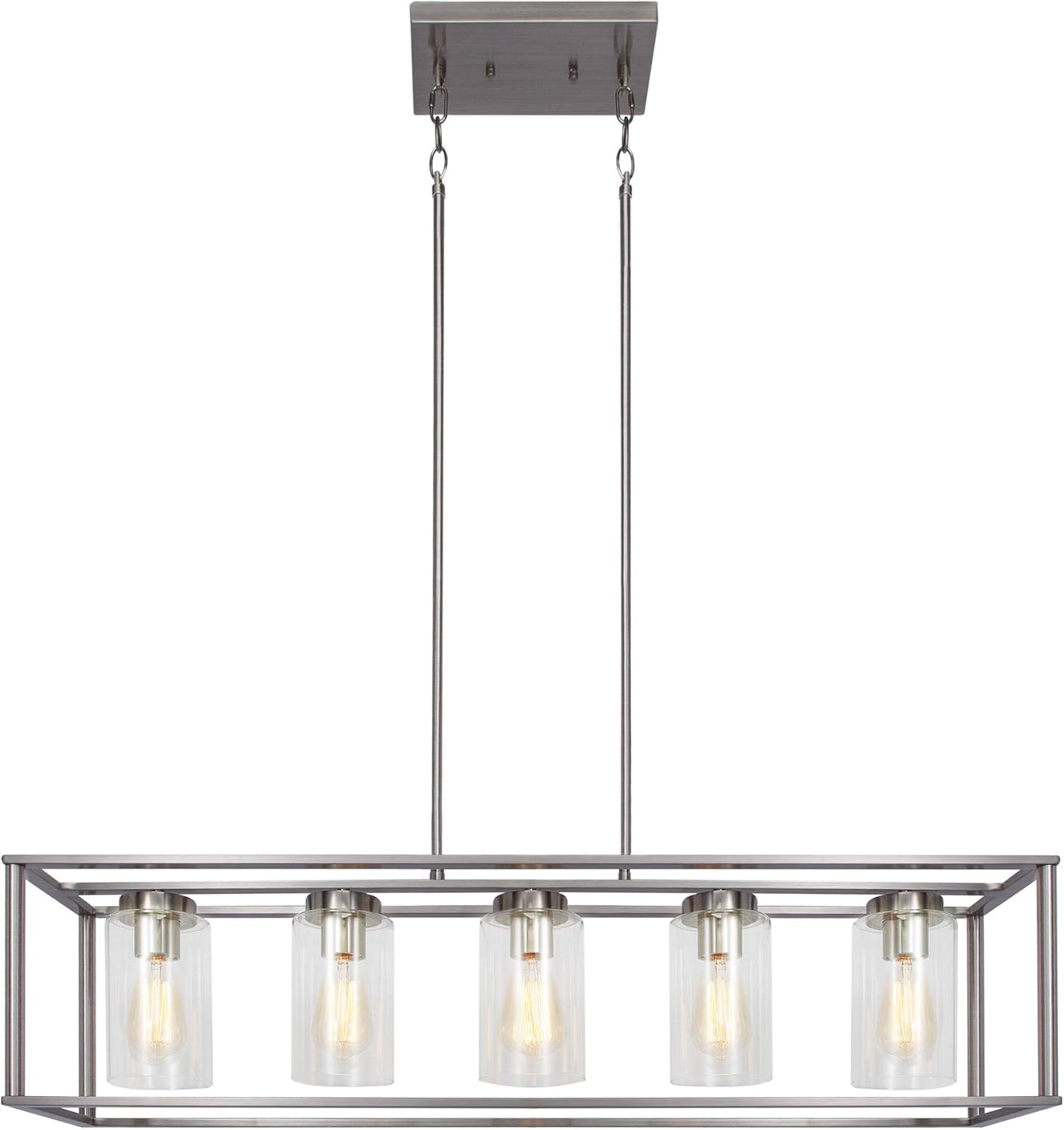 FIMITECH Chandeliers 5-Light Modern Rectangle Dining Room Lighting, Stainless Steel Farmhouse Ceiling Lights and Adjustable Rods Fixtures Hanging with 5 Glass Shade (Brushed Nickel) - - 