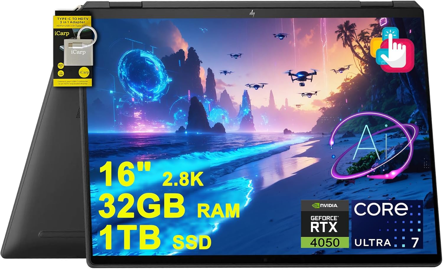 HP Spectre x360 2-in-1 Laptop for Creator Designer Business Professional 16″ 2.8K OLED Touch Intel 16-core Ultra 7 155H (Up to 11 Tops) 32GB RAM 1TB SSD Geforce RTX 4050 Win11 ICP Hub w/Copilot AI PC