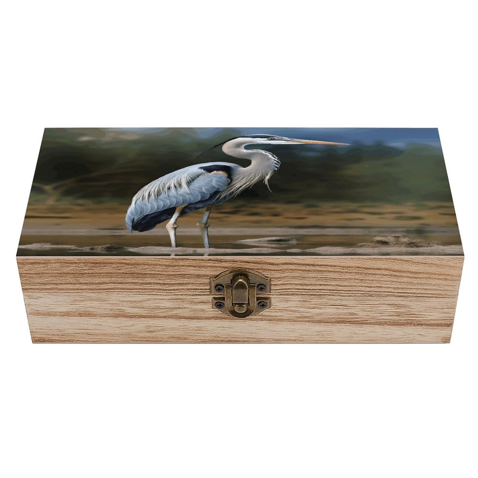 FekiLoot Natural Wooden Keepsake Box with Hinged Lid, 8x4 Inch Heron Memory Box, Wood Jewelry Organizer & Trinket Holder, Gift for Men Women Anniversary Wedding