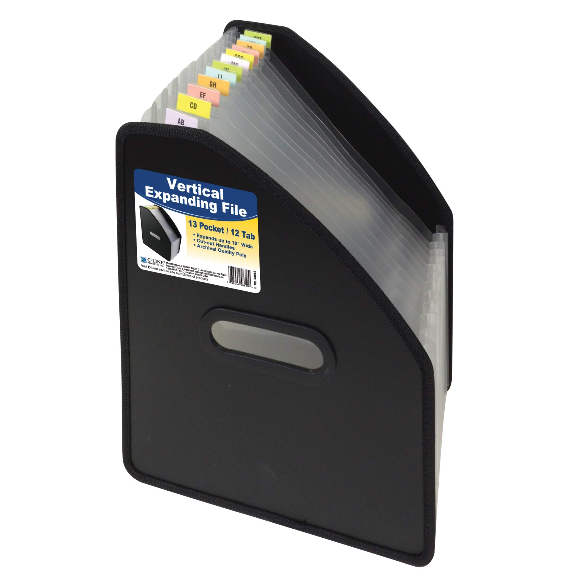 C-Line 58810 - Raccoglitore espandibile verticale a 13 tasche, colore: nero, 12,75 x 10,25 x 75 cm