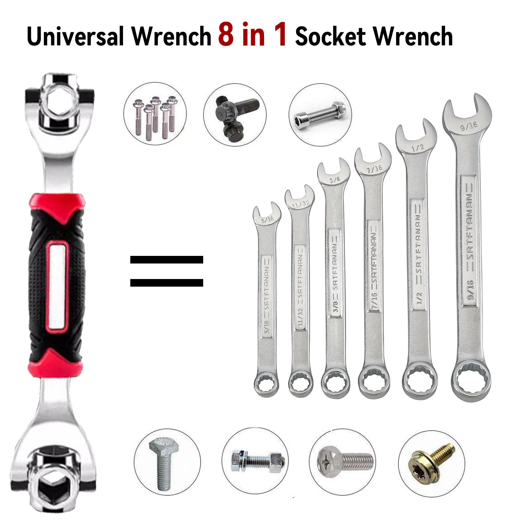 Hamind Universal Wrench 8 in 1 Socket Wrench Multi-function Wrench Tool with 360° Rotating Head, Spanner Tool for Home and Bicycle Car Repair (12-19mm)