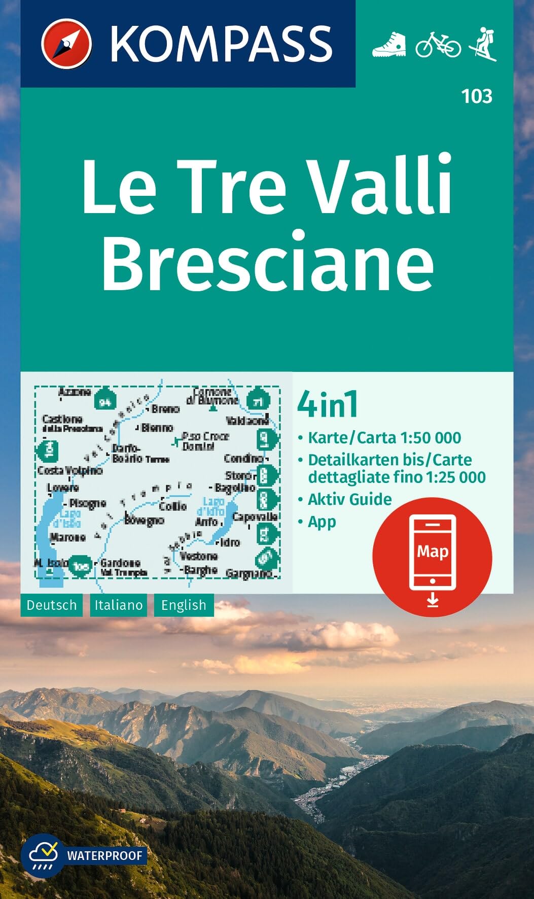 KOMPASS Wanderkarte 103 Le Tre Valli Bresciane 1:50.000: 4in1 Wanderkarte mit Aktiv Guide und Detailkarten inklusive Karte zur offline Verwendung in der KOMPASS-App. Fahrradfahren. Skitouren.