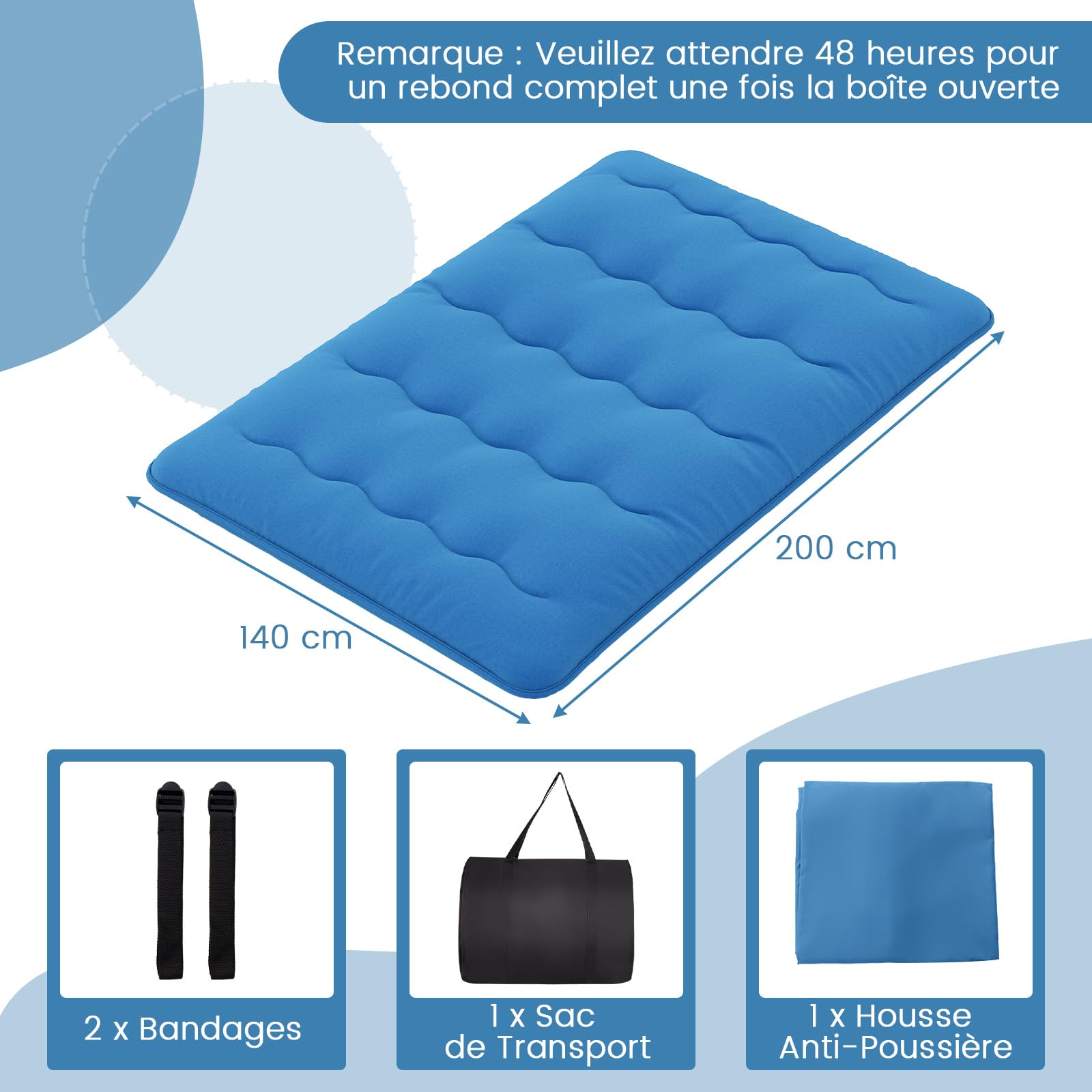 COSTWAY Matelas Futon Japonais 140 x 200 cm, Matelas Portable Pliable, Housse Lavable, Matelas de Sol avec Sac de Transport, pour Camping, Voyages (Bleu)