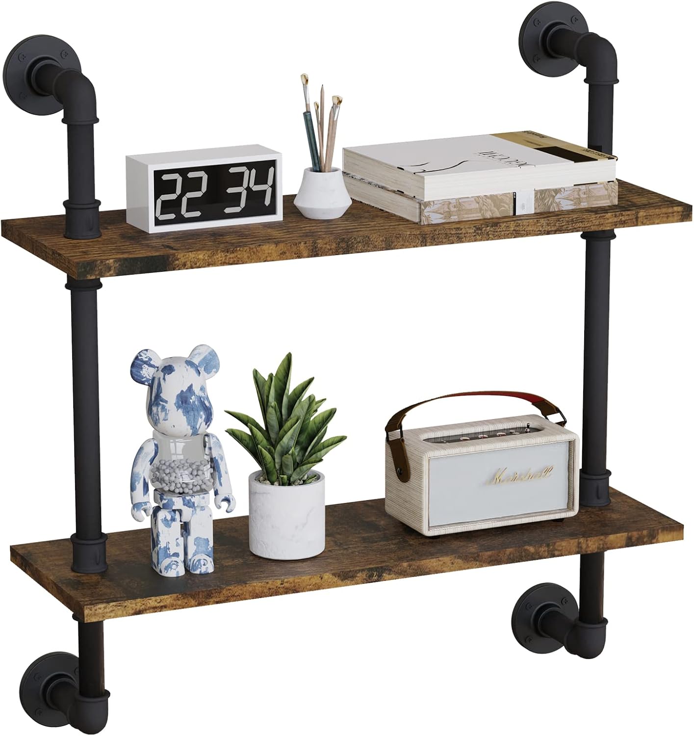 Arceisle 24" Industrial Floating Shelves, Pipe Shelves for Wall, 2 Tier Rustic Wood Wall Shelves for Home Décor, Bedroom, Living Room, Bathroom Rustic, Without Tower Bar 2 Tier