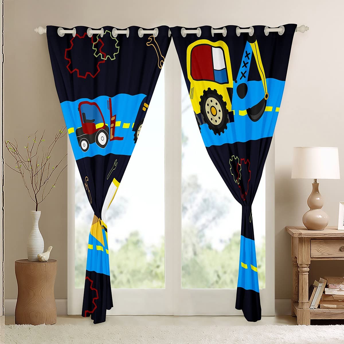 Cortinas de Ventana de construcción para niños, para Dormitorio, Sala de Estar, maquinaria de niños, Cortinas de Ventana de camión, Sitio de construcción, Cortinas de vehículos de Coche, excavadoras,