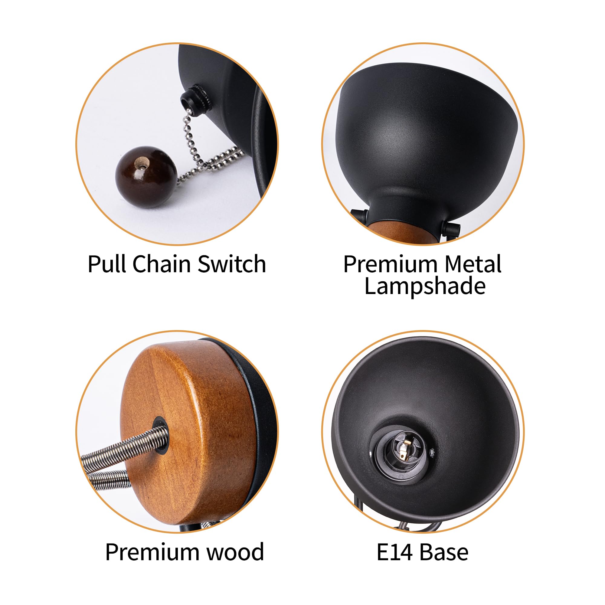Aisilan Pull Cord Wall Light for Bedroom Adjustable Wooden & Metal Wall Lamp with Black Shade - Image 4