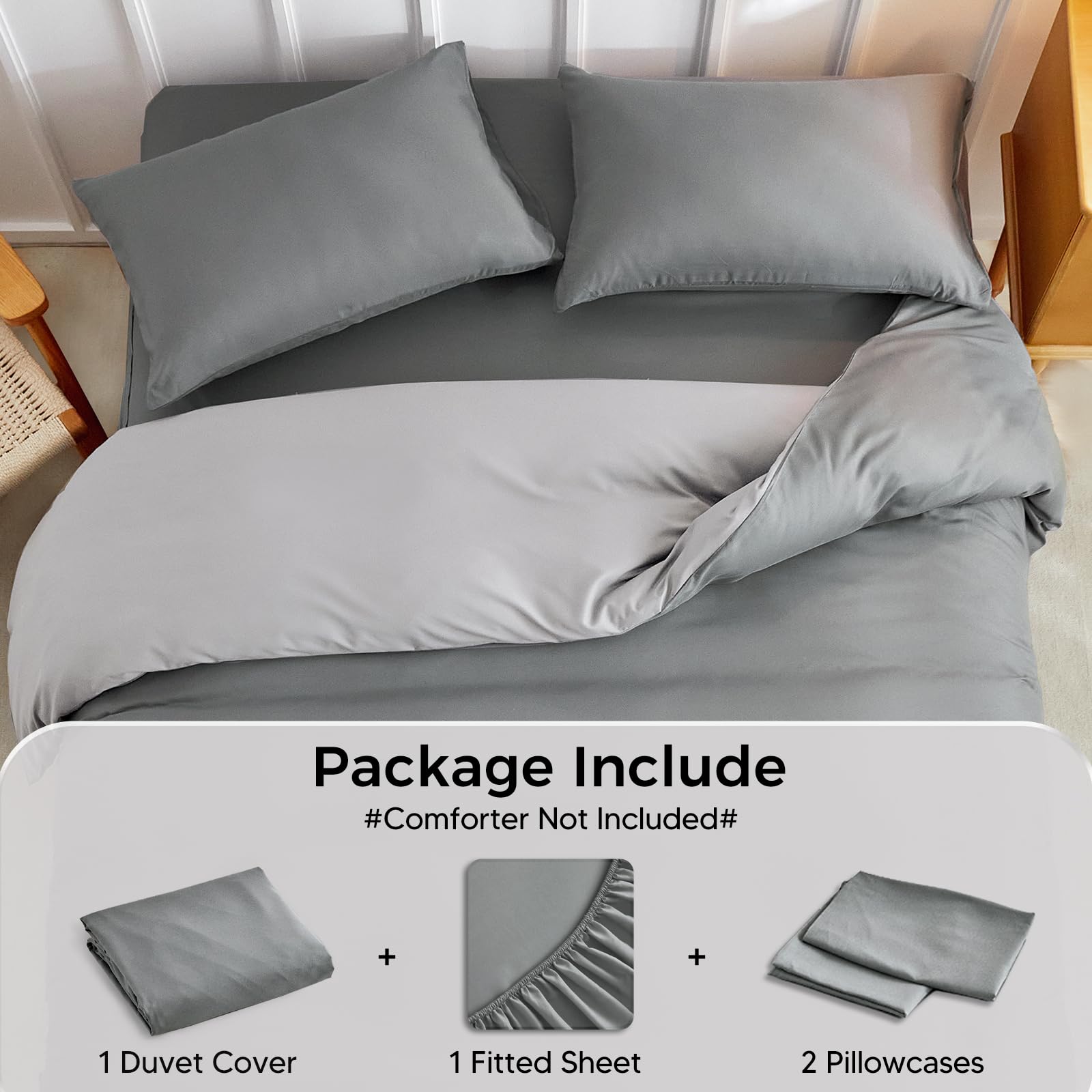 Tokokimo Set Biancheria Letto 4 Pezzi: Copripiumino 240x220 + Lenzuolo Con Angoli 160x200 + 2 Federe 65x65, Bianco E Grigio - 2