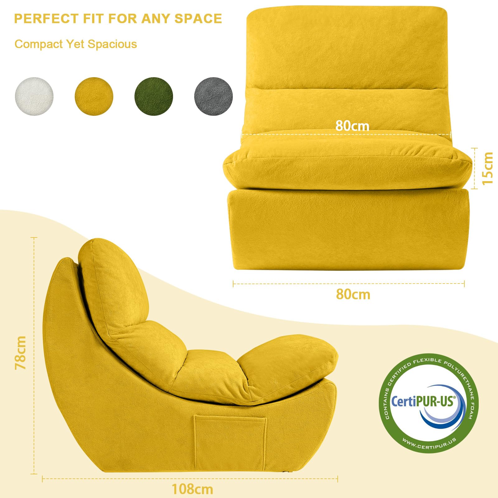 Poltrona Pouf con Cuscino in Memory Foam, Bean Bag per Adulti,Divano da letto Boneless,Sedia da Lettura e Relax per Camera da Letto e Soggiorno, Giallo