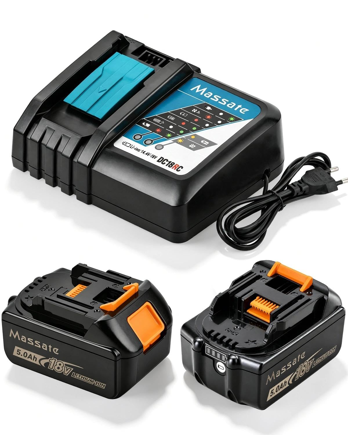 2 batterie di ricambio da 18 V 5,0 Ah con caricabatterie DC18RC, compatibile con batterie Makita da 14,4 V-18 V BL1815, BL1820B, BL1830, BL1830B, BL1840, BL1840B, BL1850, BL1850B, BL1860