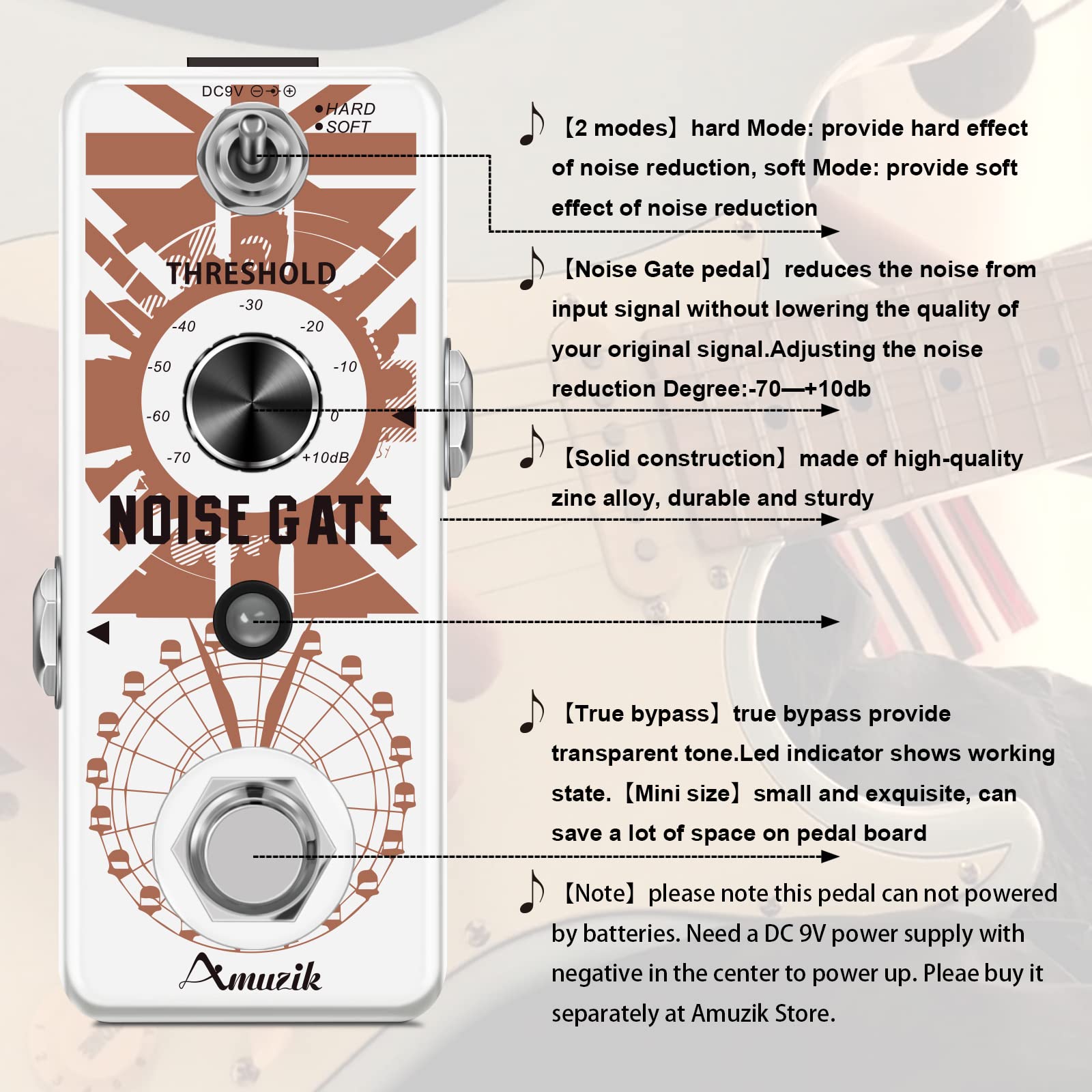 Amuzik Noise Killer Guitar Noise Gate Suppressor Effects Pedal 2 Modes True Bypass for Electric Guitars