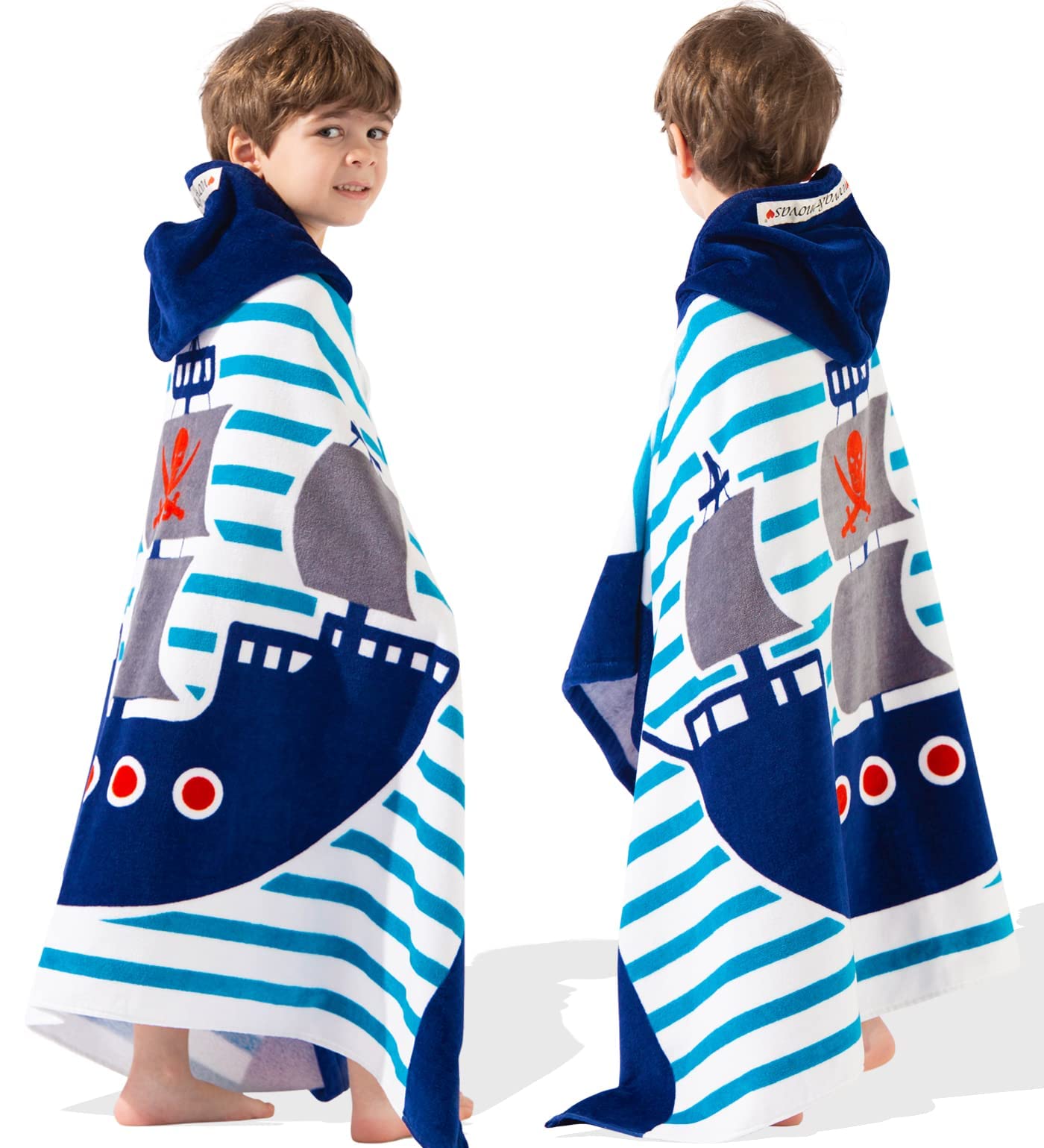 VOOVA & MOVAS Kids Bath Towels with Hood (50"X30") | Soft Thick Absorbent Cotton Large Beach | Pool | Bath Towels | Wrap for Boys, Corsair Black Pirate Ship 50.00''x30.00''