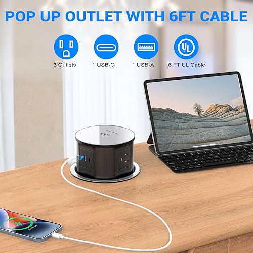 Miniatura 10 de Toma de corriente desplegable con cargador inalámbrico de 15 W, 4 enchufes de CA, 1 USB-A y 1 USB-C, ojales de alimentación de escritorio eléctrico
