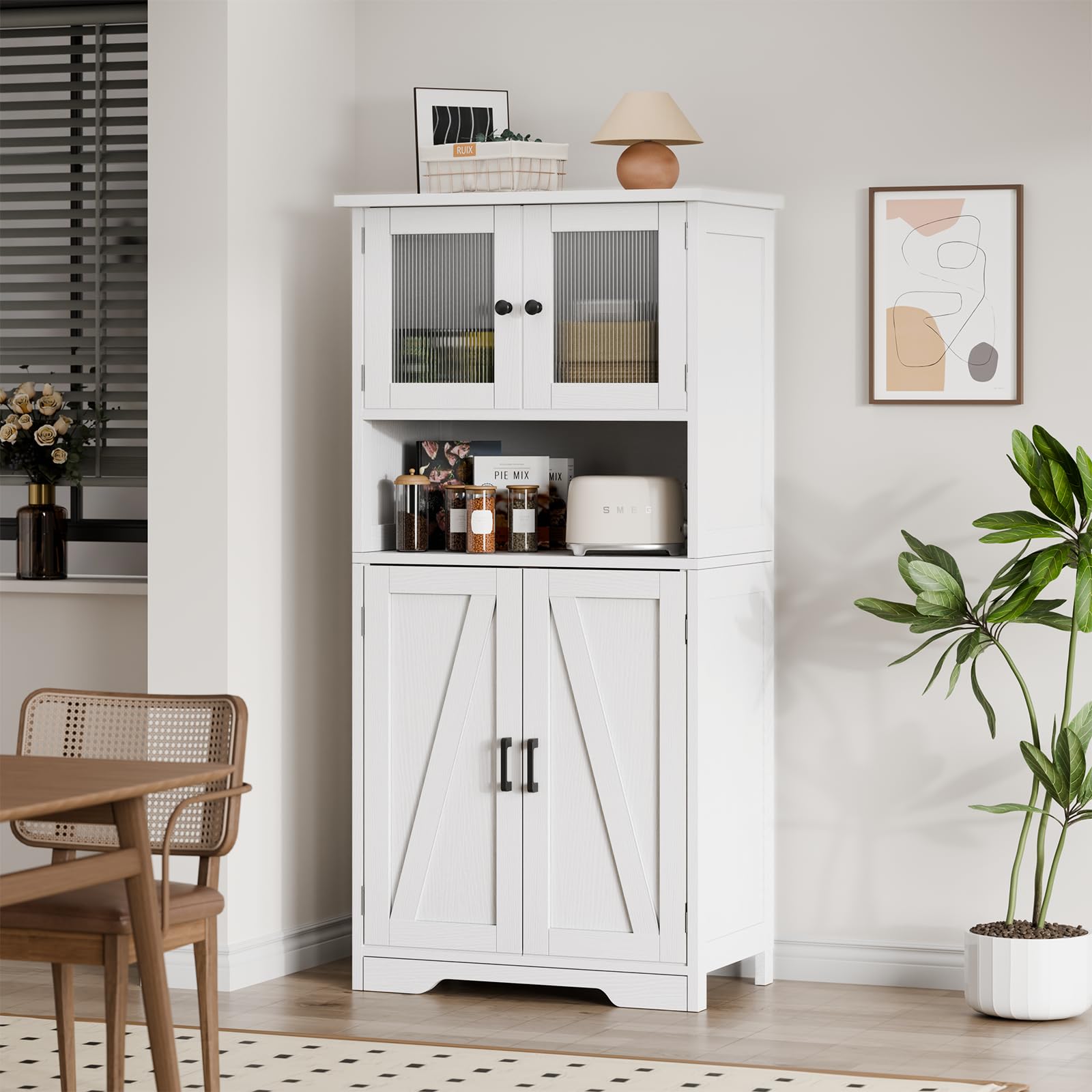 Zstar 50.4" Gabinete De Almacenamiento Grande De MDF con 4 Puertas y 1 Compartimento Abierto, 2 Puertas De Vidrio, Estantes Ajustables para Cocina, Dormitorio, Sala o Pasillos, Blanco.