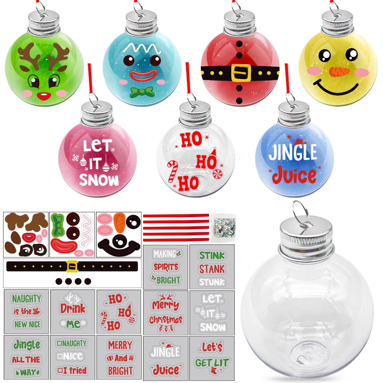 12 Pcs Christmas Booze Balls Christmas Fillable Drink Booze Christmas Tree Hanging Ornaments Decor Crafts DIY with Stickers Clear Round Plastic Xmas Booze Pendant Ball for Holiday Party
