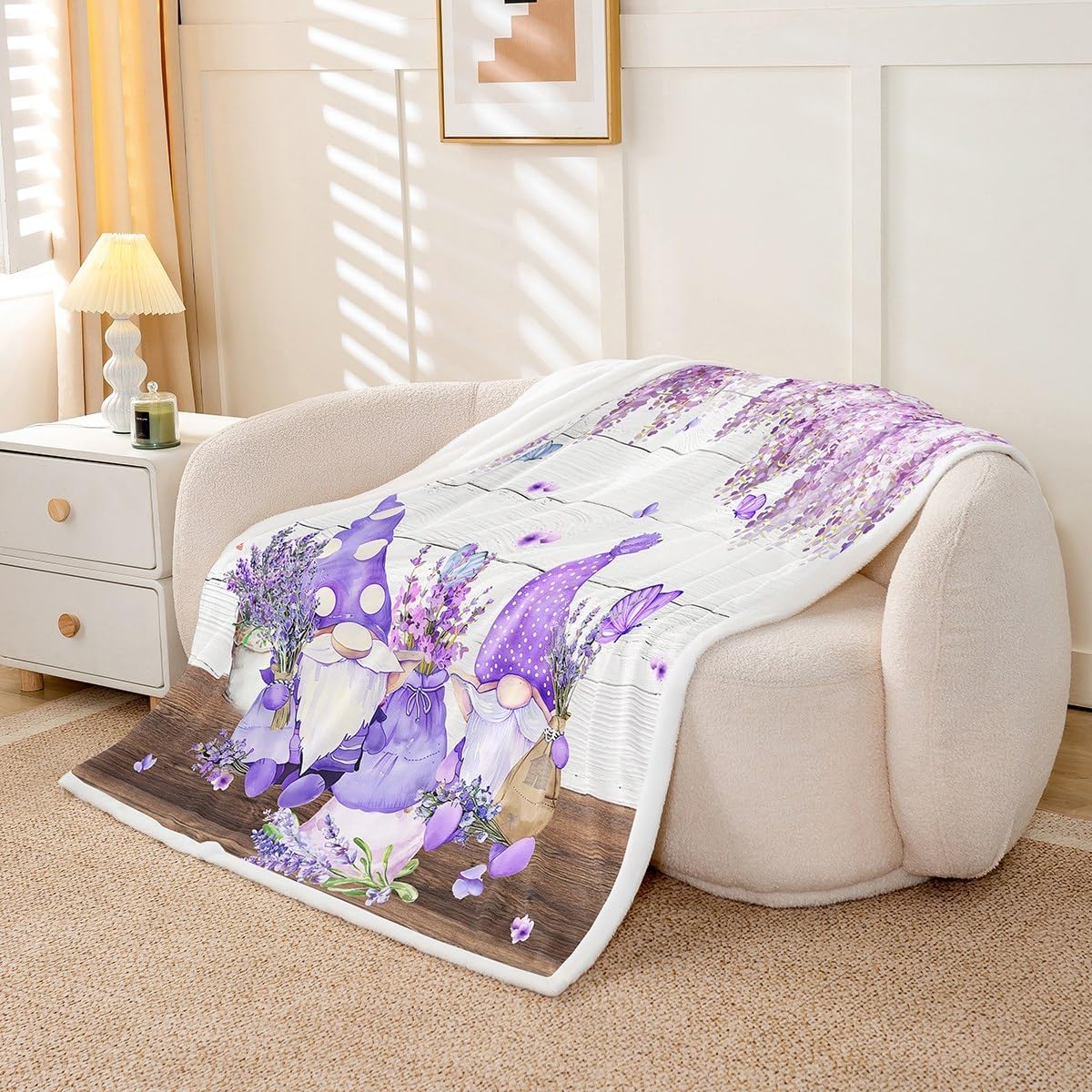 Manfei Cute Gnomes Throw Blanket Purple Vine Flower Butterfly Blanket for Couch Sofa, Lavender Bouquet Bed Blanket for Kids Boys Girls, Soft and Breathable Fleece Blanket(90 x 90 Inches)