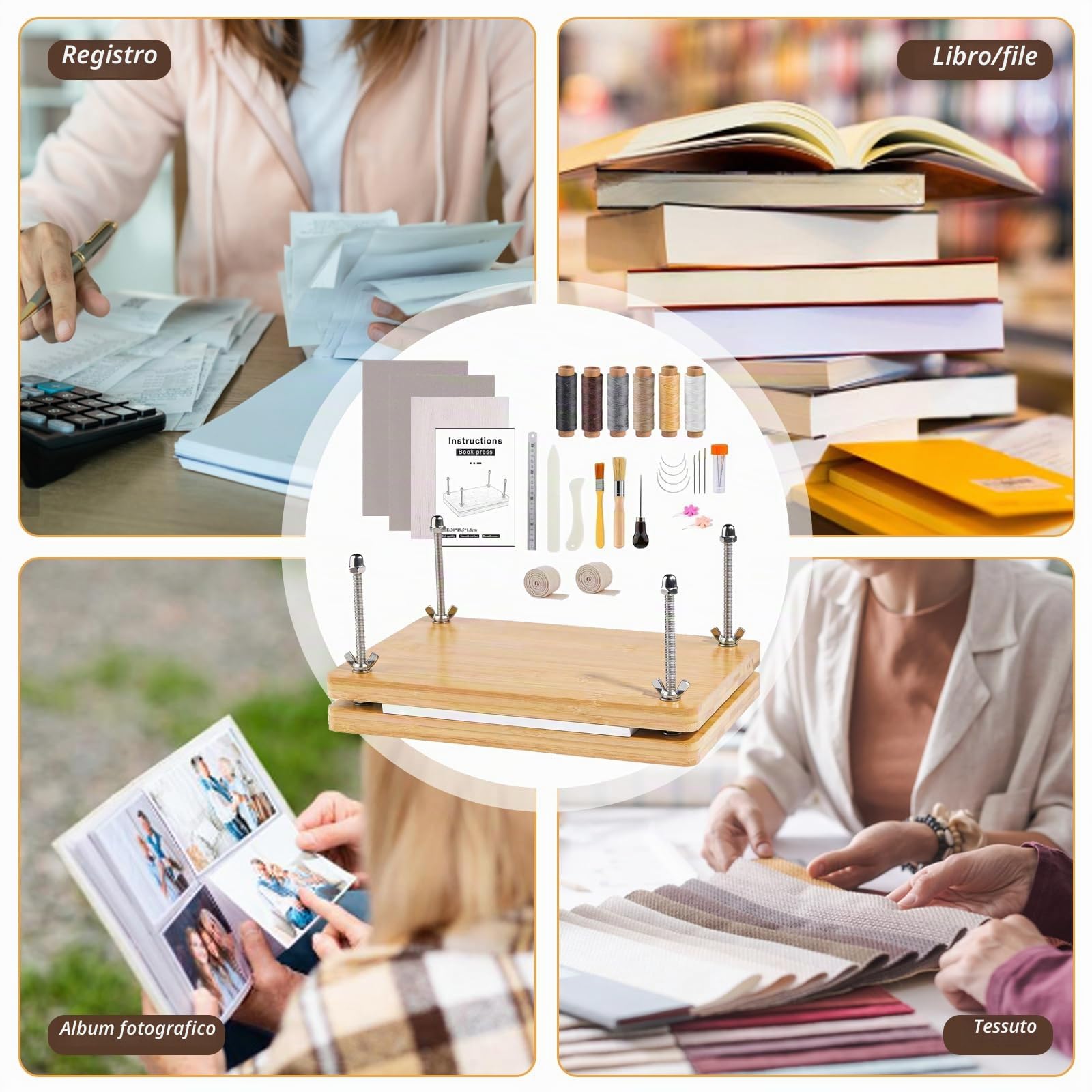 BONJUME Pressa Per Libri In Legno, Set Per Rilegatura Pressa Per Libri Multifunzionale Manuale Per Rilegatura Etichette Per Rilegatura Fai Da Te Pressa - 30 x 19,2 cm