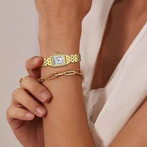 Miniatura 6 de Relojes pequeños de oro para mujer con funda rectangular vintage, esfera romana clásica, banda de acero inoxidable resistente al agua con cadena de