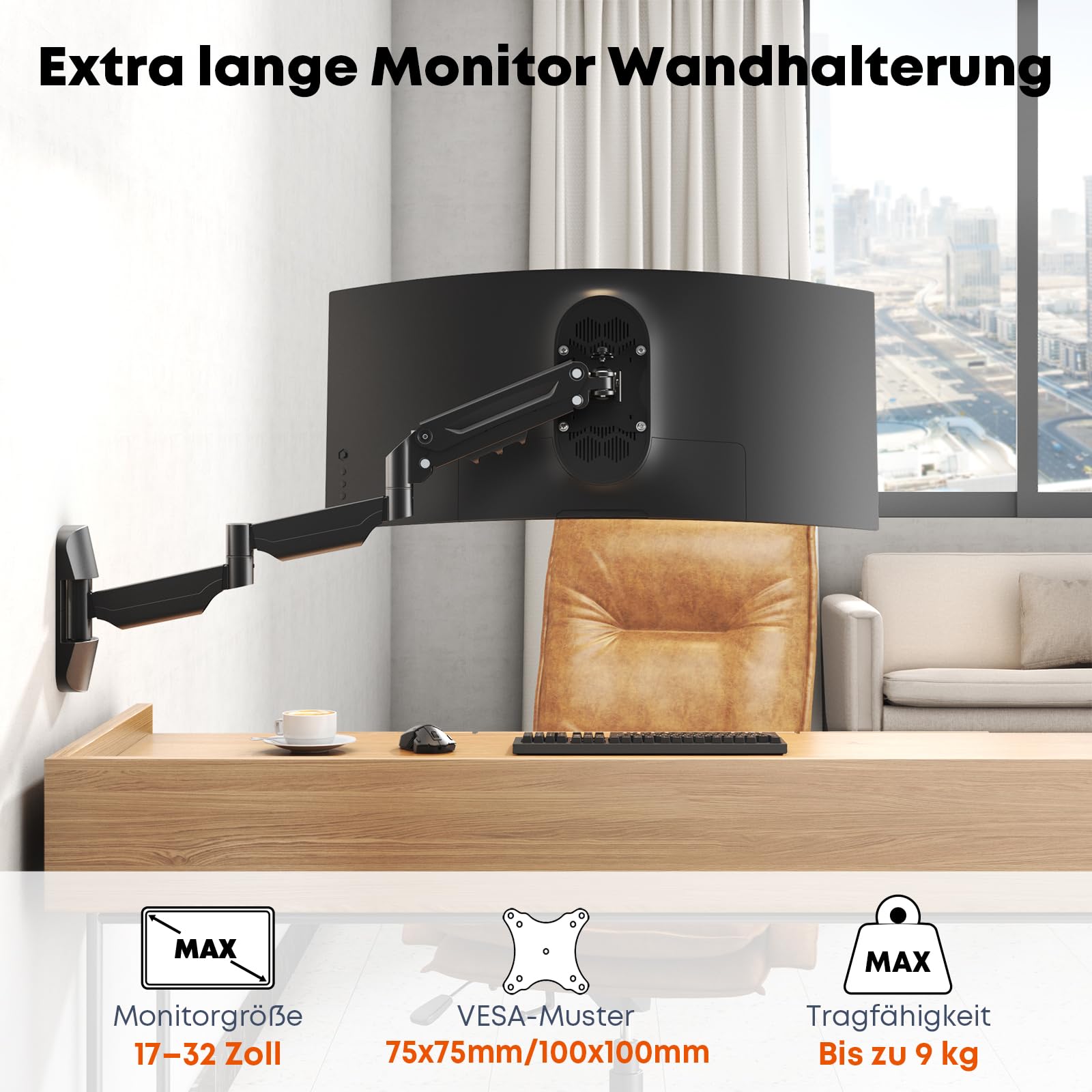 Monitor Wandhalterung für 17-32 Zoll Bildschirm - Extra Lang Monitor Halterung mit voller einstellbaren Gasfeder, bis 9 kg, VESA 75/100, Schwarz