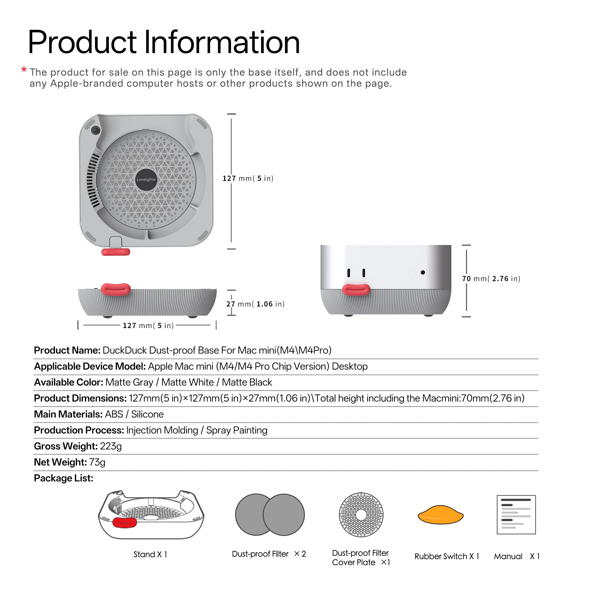 Lonelyfox Supporto per Mac mini M4 e M4 Pro, innovativo accesso frontale per pulsante di accensione, base in silicone anti-polvere, supporto da tavolo antiscivolo, tappi per pulsanti sostituibili
