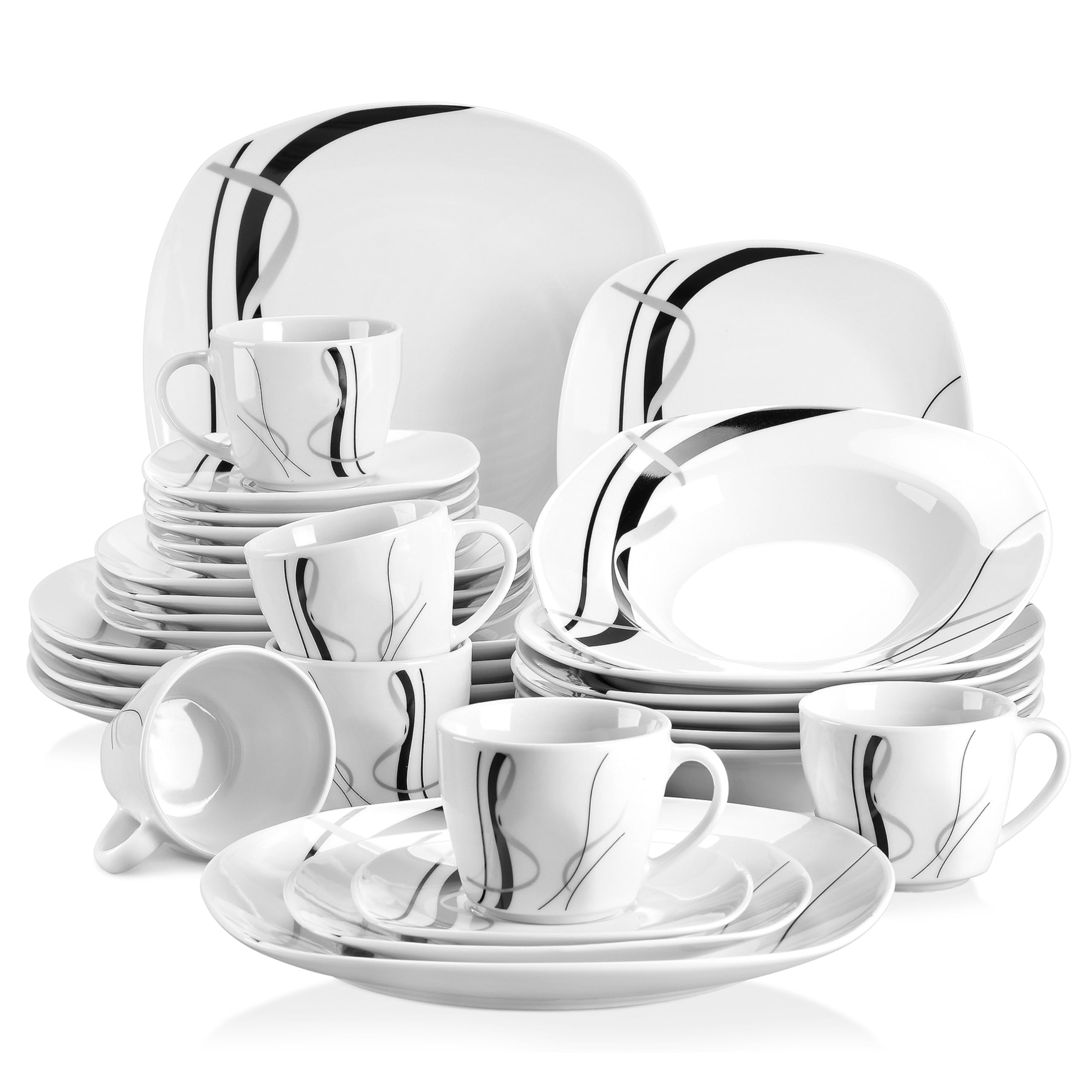 – VEWEET 'Fiona' 30-Piece Dinner Set, Ivory White Black Lines Porcelain China Ceramic Combination Sets with Dessert Plates/Soup Plates/Dinner Plates/Cups/Saucers, Service for 6