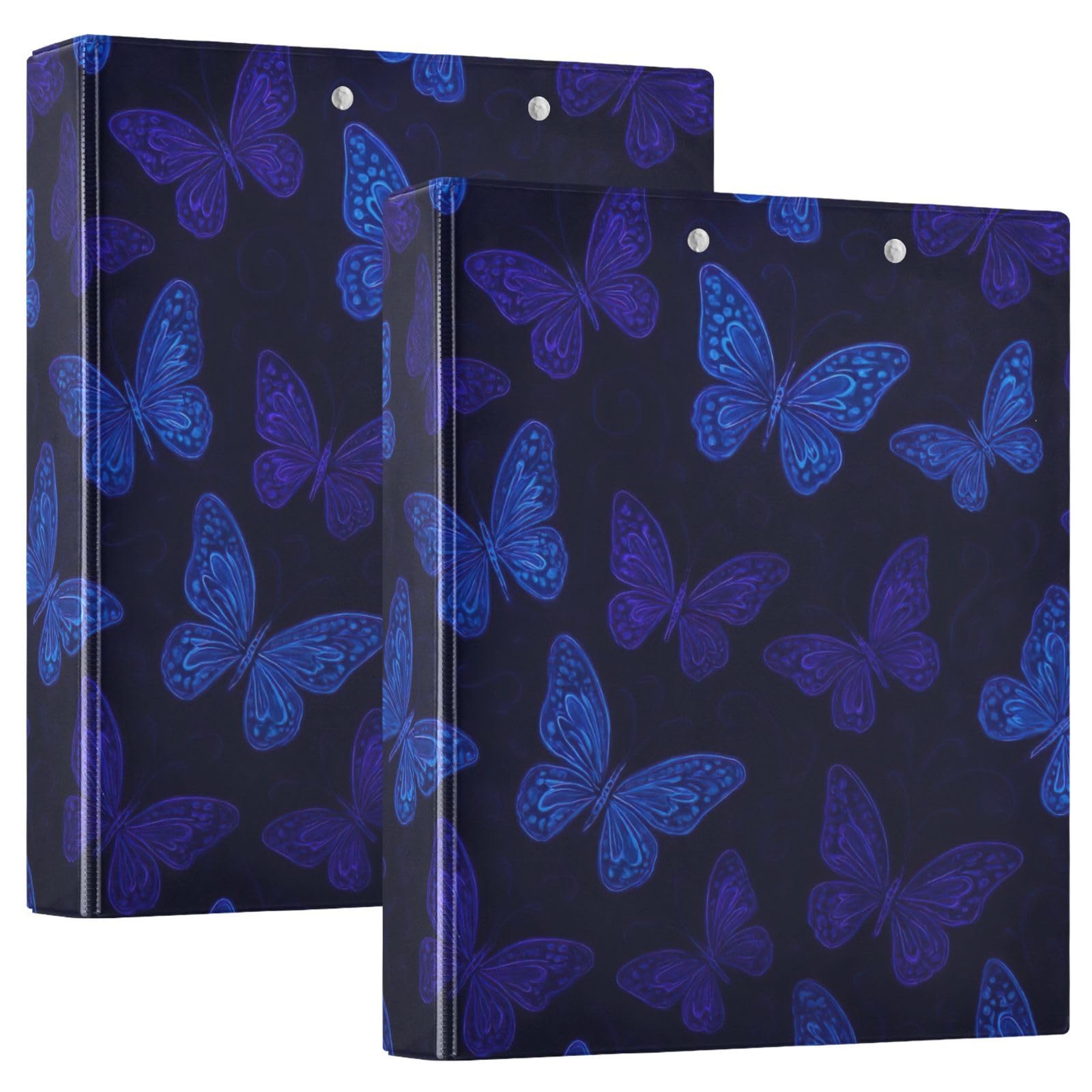 Carpeta de 3 anillas, mariposas azules y moradas brillantes, carpeta de anillos en D oscuro, paquete de 2 | Con portapapeles y bolsillos, para escuela, universidad, oficina